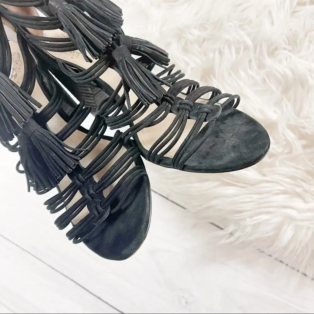 Vince Camuto Edola Heeled Gladiator Peep Toe Sandals in Black Suede Size 8.5‎